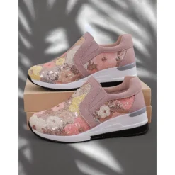 Women's Floral Sequin Slip-On Sneakers - Comfortable Glitter Casual Shoes with Wedge Sole, Perfect for Walking or Party Wear