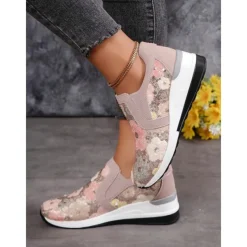 Women's Floral Sequin Slip-On Sneakers - Comfortable Glitter Casual Shoes with Wedge Sole, Perfect for Walking or Party Wear