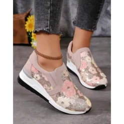 Women's Floral Sequin Slip-On Sneakers - Comfortable Glitter Casual Shoes with Wedge Sole, Perfect for Walking or Party Wear