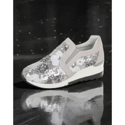 Women's Floral Sequin Slip-On Sneakers - Comfortable Glitter Casual Shoes with Wedge Sole, Perfect for Walking or Party Wear
