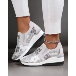 Women's Floral Sequin Slip-On Sneakers - Comfortable Glitter Casual Shoes with Wedge Sole, Perfect for Walking or Party Wear
