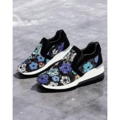 Women's Floral Sequin Slip-On Sneakers - Comfortable Glitter Casual Shoes with Wedge Sole, Perfect for Walking or Party Wear