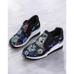 Women's Floral Sequin Slip-On Sneakers - Comfortable Glitter Casual Shoes with Wedge Sole, Perfect for Walking or Party Wear