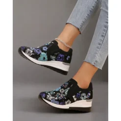 Women's Floral Sequin Slip-On Sneakers - Comfortable Glitter Casual Shoes with Wedge Sole, Perfect for Walking or Party Wear