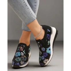 Women's Floral Sequin Slip-On Sneakers - Comfortable Glitter Casual Shoes with Wedge Sole, Perfect for Walking or Party Wear