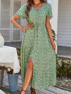 Women's Floral Split Print V Neck Midi Dress Boho Daily Vacation Short Sleeve Summer