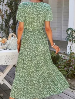 Women's Floral Split Print V Neck Midi Dress Boho Daily Vacation Short Sleeve Summer