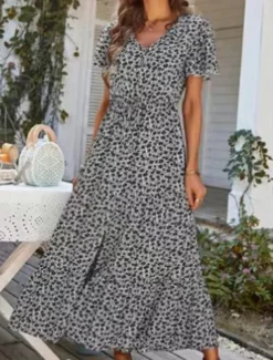 Women's Floral Split Print V Neck Midi Dress Boho Daily Vacation Short Sleeve Summer