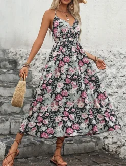 Women's Floral Strap Midi Dress Sleeveless Summer Spring