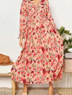 Women's Floral V Neck Maxi Dress Long Sleeve Spring Fall
