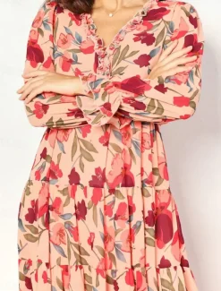 Women's Floral V Neck Maxi Dress Long Sleeve Spring Fall