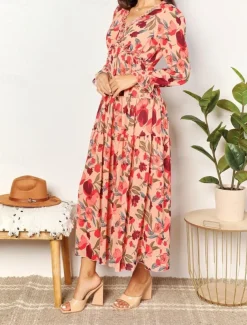 Women's Floral V Neck Maxi Dress Long Sleeve Spring Fall