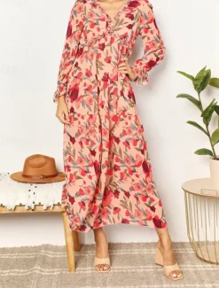 Women's Floral V Neck Maxi Dress Long Sleeve Spring Fall