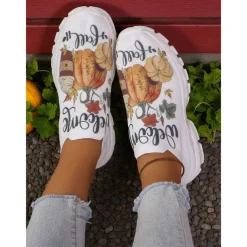 Women's Flyknit Slip-On Sneakers with Autumn Pumpkin Coffee Print – Lightweight Casual Fall Walking Shoes for Halloween & Harvest Festival