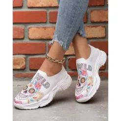 Women's Flyknit Slip-On Sneakers with Colorful Sugar Skull Print – Comfortable Casual Shoes for Halloween, Day of the Dead & Fall Parties