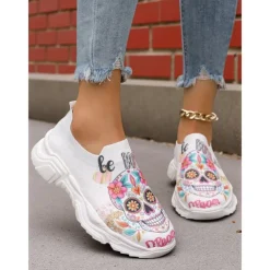 Women's Flyknit Slip-On Sneakers with Colorful Sugar Skull Print – Comfortable Casual Shoes for Halloween, Day of the Dead & Fall Parties