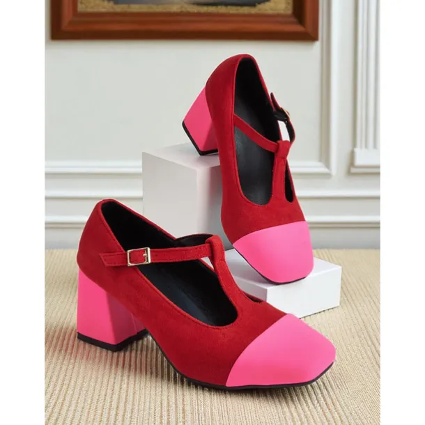Women's French Style Red and Pink T-Strap Block Heel Mary Jane Pumps - Retro Comfortable Walking Shoes for Afternoon Tea, Parties, Office, and Daily Outfits