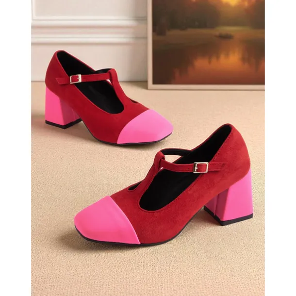 Women's French Style Red and Pink T-Strap Block Heel Mary Jane Pumps - Retro Comfortable Walking Shoes for Afternoon Tea, Parties, Office, and Daily Outfits