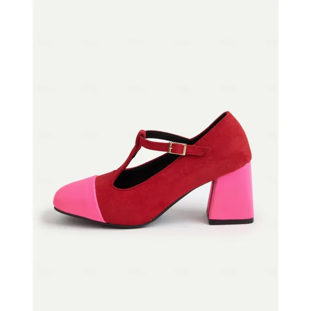 Women's French Style Red and Pink T-Strap Block Heel Mary Jane Pumps - Retro Comfortable Walking Shoes for Afternoon Tea, Parties, Office, and Daily Outfits