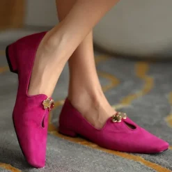 Women's Fuchsia Suede Ballet Flats – Elegant Vintage Style Loafers with Floral Buckle for Office, Tea Party & Daily Wear