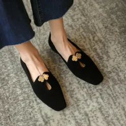 Women's Fuchsia Suede Ballet Flats – Elegant Vintage Style Loafers with Floral Buckle for Office, Tea Party & Daily Wear