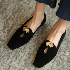 Women's Fuchsia Suede Ballet Flats – Elegant Vintage Style Loafers with Floral Buckle for Office, Tea Party & Daily Wear