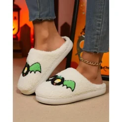 Women's Fuzzy Skull Slippers - Warm Plush Indoor House Shoes, Halloween-Themed Cozy Slip-On Slides for Home, Parties, and Holiday Loungewear