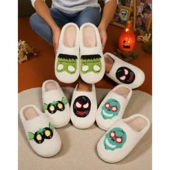 Women's Fuzzy Skull Slippers - Warm Plush Indoor House Shoes, Halloween-Themed Cozy Slip-On Slides for Home, Parties, and Holiday Loungewear