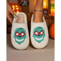 Women's Fuzzy Skull Slippers - Warm Plush Indoor House Shoes, Halloween-Themed Cozy Slip-On Slides for Home, Parties, and Holiday Loungewear