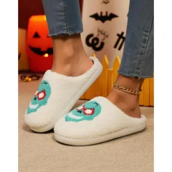 Women's Fuzzy Skull Slippers - Warm Plush Indoor House Shoes, Halloween-Themed Cozy Slip-On Slides for Home, Parties, and Holiday Loungewear
