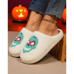 Women's Fuzzy Skull Slippers - Warm Plush Indoor House Shoes, Halloween-Themed Cozy Slip-On Slides for Home, Parties, and Holiday Loungewear