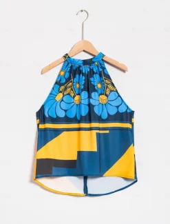 Women's Geometic Flower / Plants Vacation Weekend Sleeveless Blue Ruched Tie back / Tie front Sleeveless Blouses Tied Neck Summer