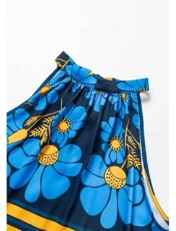 Women's Geometic Flower / Plants Vacation Weekend Sleeveless Blue Ruched Tie back / Tie front Sleeveless Blouses Tied Neck Summer