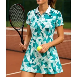 Women's Geometric Tennis Skirts with Shorts Sports Dress Short Sleeves Printing Moisture Wicking Breathable Tennis Golf Pickleball Polo Collar Open Back Green Tennis Clothing