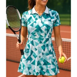 Women's Geometric Tennis Skirts with Shorts Sports Dress Short Sleeves Printing Moisture Wicking Breathable Tennis Golf Pickleball Polo Collar Open Back Green Tennis Clothing