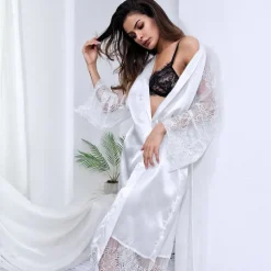 Women's Gift Robes Gown Pajamas Bathrobes Home Party Wedding Party Lace Patchwork Pure Color Spandex Simple Casual Soft Fall Winter Long Sleeve Lace Up Belt Included Home Outfits