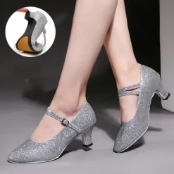 Women's Glitter Ballroom Dance Shoes – Silver Sparkly Mary Jane Heels with Adjustable Strap for Latin Tango Performance