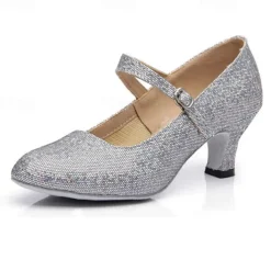 Women's Glitter Ballroom Dance Shoes – Silver Sparkly Mary Jane Heels with Adjustable Strap for Latin Tango Performance