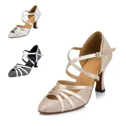 Women's Glitter Latin Dance Heels – Strappy Ballroom Performance Shoes with Buckle for Salsa, Tango & Party Events