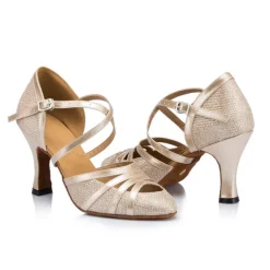 Women's Glitter Latin Dance Heels – Strappy Ballroom Performance Shoes with Buckle for Salsa, Tango & Party Events