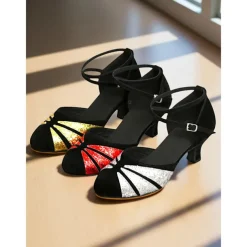 Women's Glitter Latin Dance Shoes - Red and Black Heels with Ankle Straps for Professional Ballroom and Salsa Performance