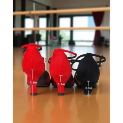 Women's Glitter Latin Dance Shoes - Red and Black Heels with Ankle Straps for Professional Ballroom and Salsa Performance