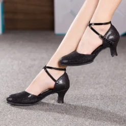 Women's Glitter Silver Dance Shoes with Ankle Straps and Mid Heels - Ideal for Salsa, Ballroom, and Party Events