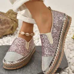 Women's Glitter Slip-On Loafers – Sparkly Rhinestone Embellished Platform Shoes for Casual Wear and Summer Outings