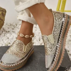 Women's Glitter Slip-On Loafers – Sparkly Rhinestone Embellished Platform Shoes for Casual Wear and Summer Outings