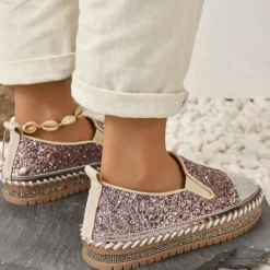 Women's Glitter Slip-On Loafers – Sparkly Rhinestone Embellished Platform Shoes for Casual Wear and Summer Outings