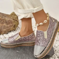 Women's Glitter Slip-On Loafers – Sparkly Rhinestone Embellished Platform Shoes for Casual Wear and Summer Outings