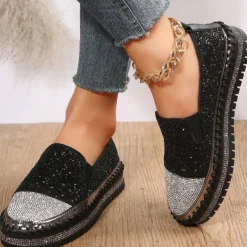 Women's Glitter Slip-On Loafers – Sparkly Rhinestone Embellished Platform Shoes for Casual Wear and Summer Outings