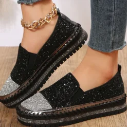 Women's Glitter Slip-On Loafers – Sparkly Rhinestone Embellished Platform Shoes for Casual Wear and Summer Outings