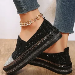 Women's Glitter Slip-On Loafers – Sparkly Rhinestone Embellished Platform Shoes for Casual Wear and Summer Outings